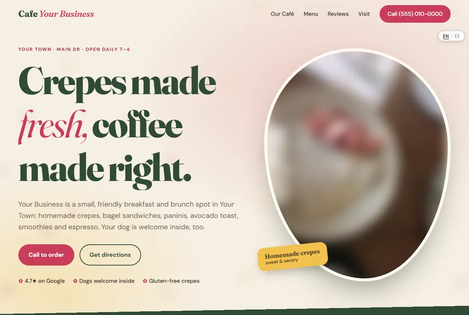 A café website design with a large headline and a call-to-order button