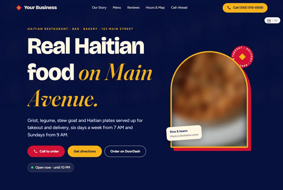 A Haitian restaurant website design in navy and gold