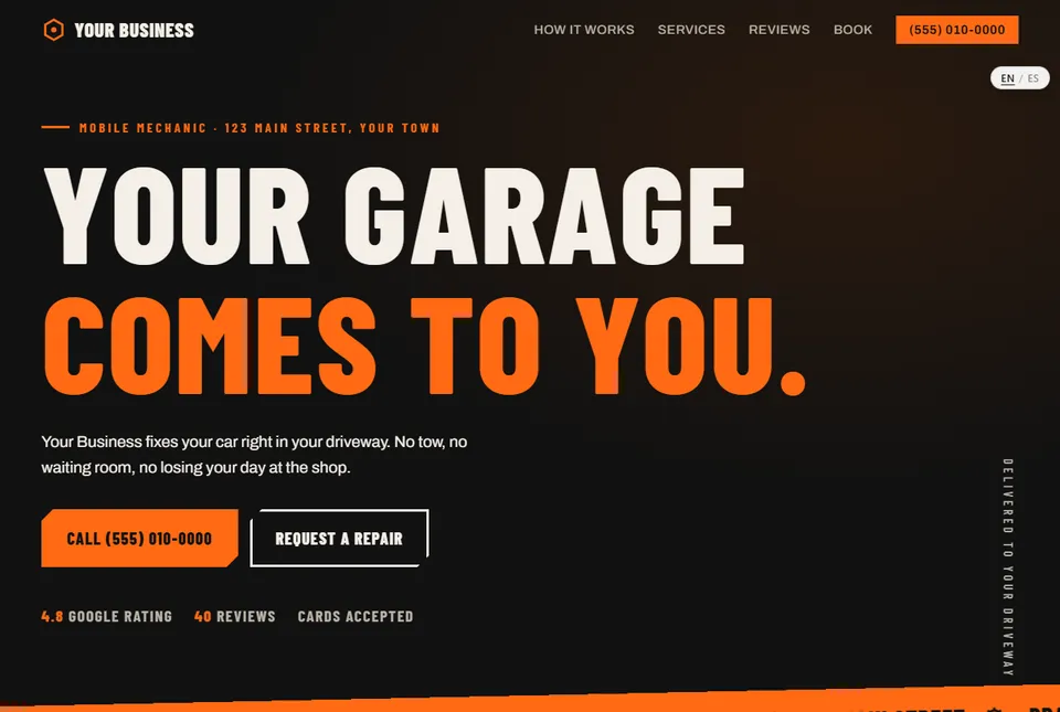 A mobile mechanic website design in black and orange
