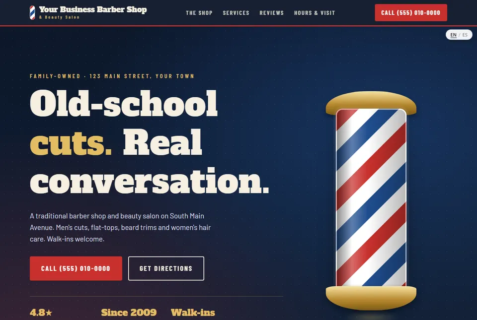A barber shop website design with a barber pole