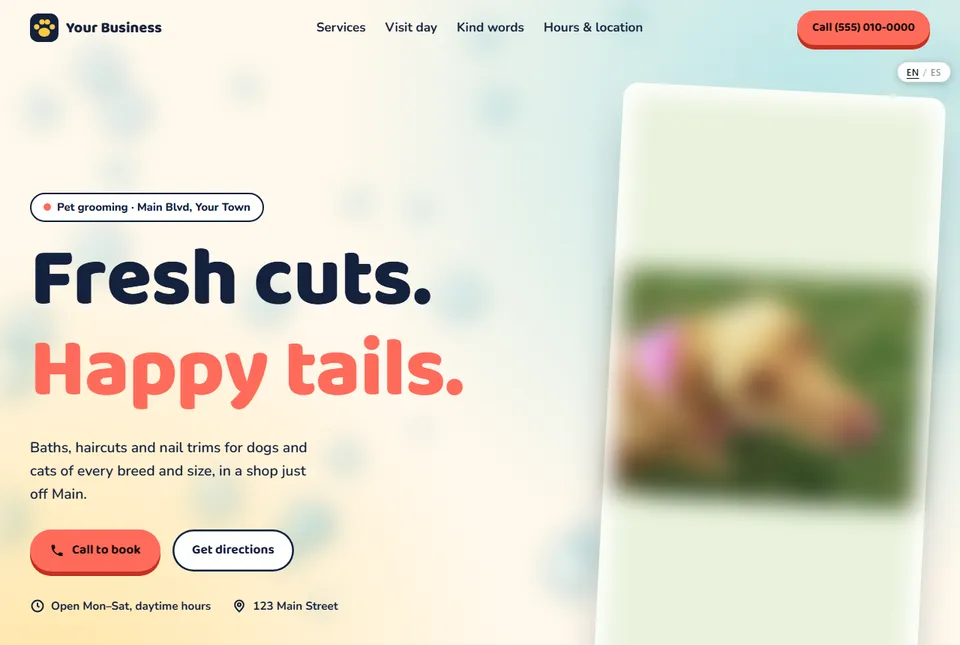 A pet grooming website design in soft colors