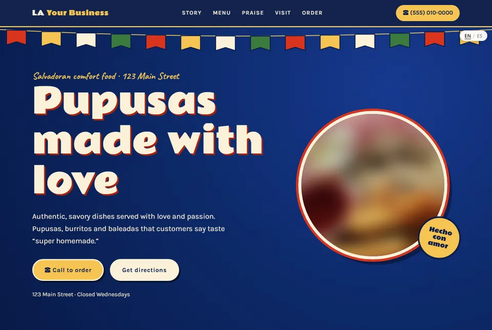 A Salvadoran restaurant website design with colorful flags